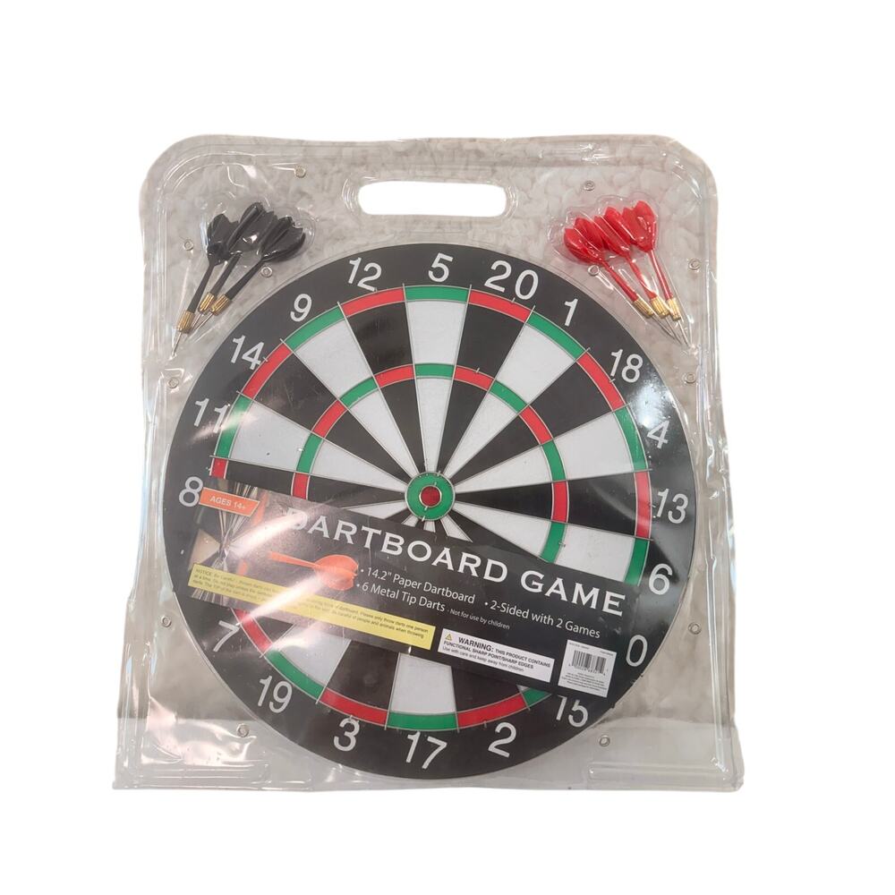 New Dart Board Game 14.2’ wide - 2 Sided with 2 Games - 6 Metal Tip Darts